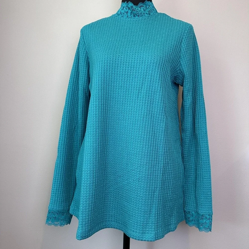 LOGO Lori Goldstein Sweater Womens Small Lace Waffle Tunic Pullover Top‎ Pockets